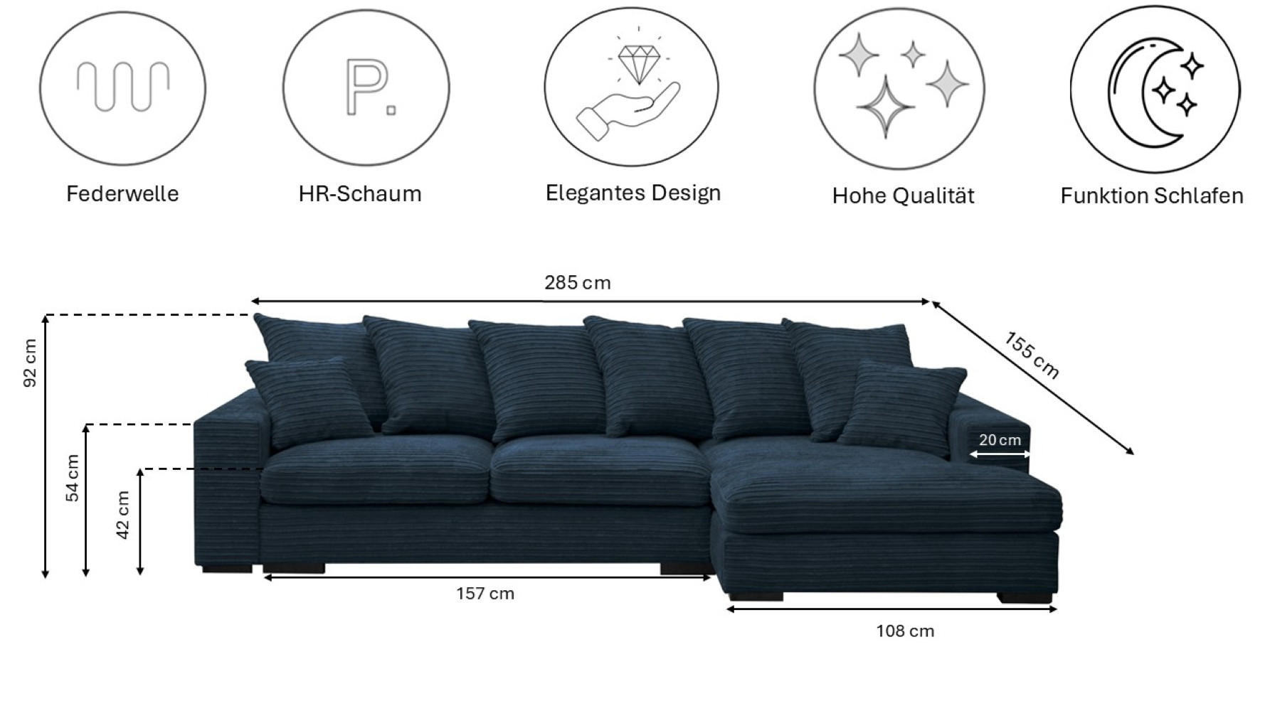 Thumbnail - Kaiser Möbel Ecksofa, Blau, Holz, L-Form, 285x155 cm, Wohnzimmer, Sofas & Couches, Wohnlandschaften, Ecksofas