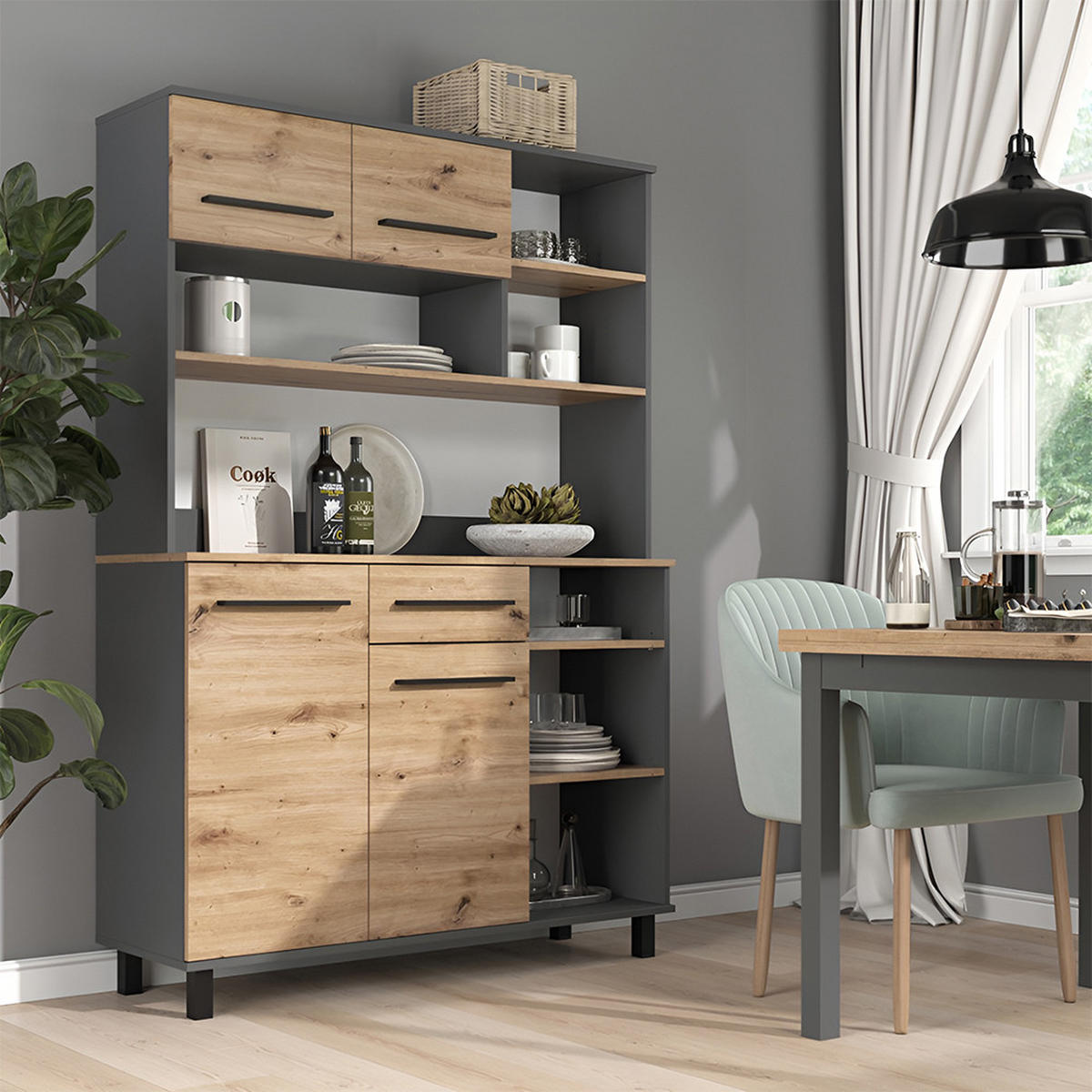 KÜCHENBUFFET Pure, Artisan-Eiche/Anthrazit, 120.2 x 177 cm - Anthrazit/Eiche Artisan, Holzwerkstoff (120.2/177/40.5cm) - Vicco