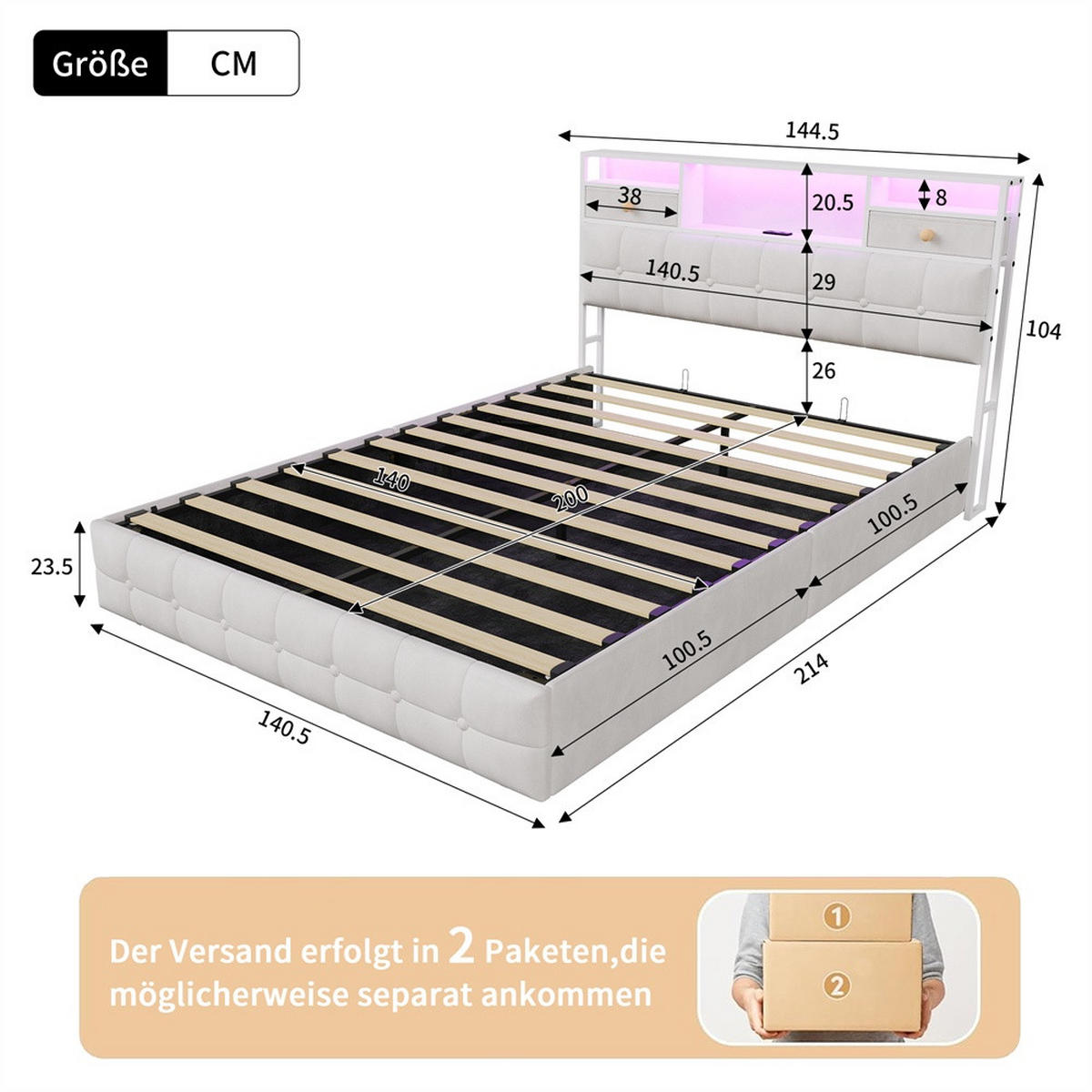 POLSTERBETT 140x200 cm - mit LED-Beleuchtung, 2 Nachttisch-Schubladen und hydraulischem Bettkasten - Beige - Beige, Textil (140/200cm) - DELFA
