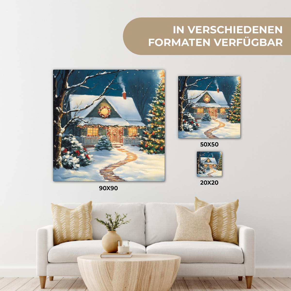 LEINWANDBILD Weihnachten - Weihnachtsbaum - Winter - Zuhause - Schnee 20x20 cm - Smaragdgrün, Textil (20/20cm) - MuchoWow