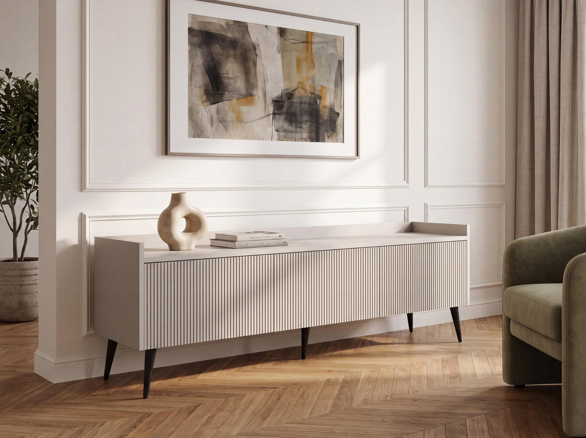TV LOWBOARD Arysa – Geriffelt, Hohe Metallfüße – Kaschmir 150/45/41 cm - Kaschmir/Beige, Holzwerkstoff/Metall (150/45/41cm) - WFL GROUP