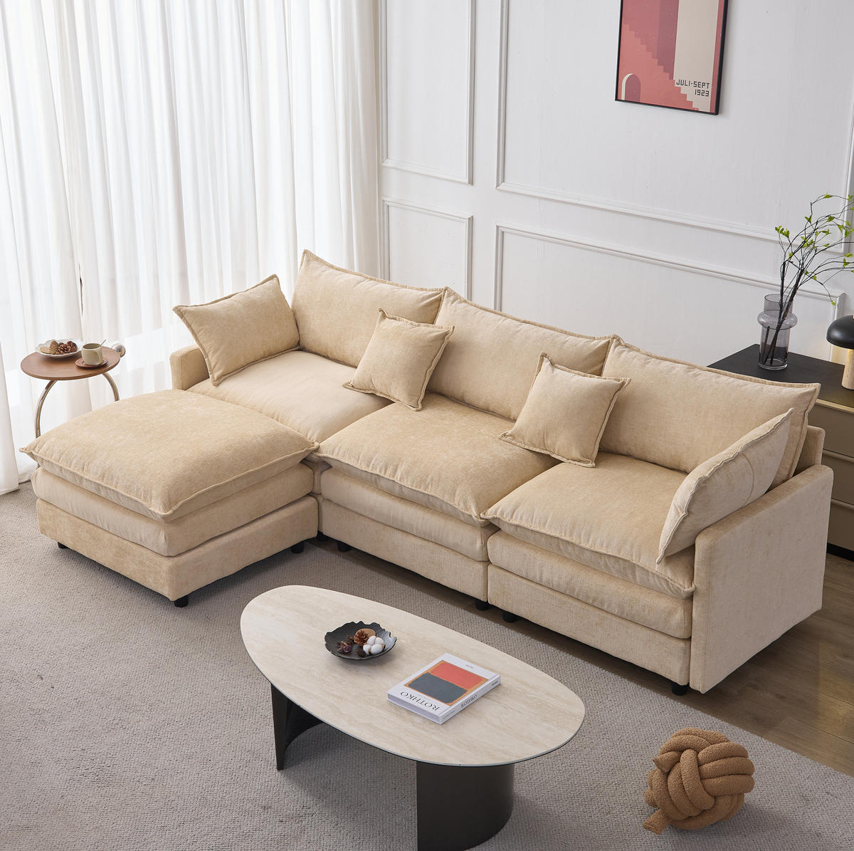 ECKSOFA mit Hocker 3-Sitzer Chenille Light Coffee - Braun, Holz (154/267cm) - Meubliv