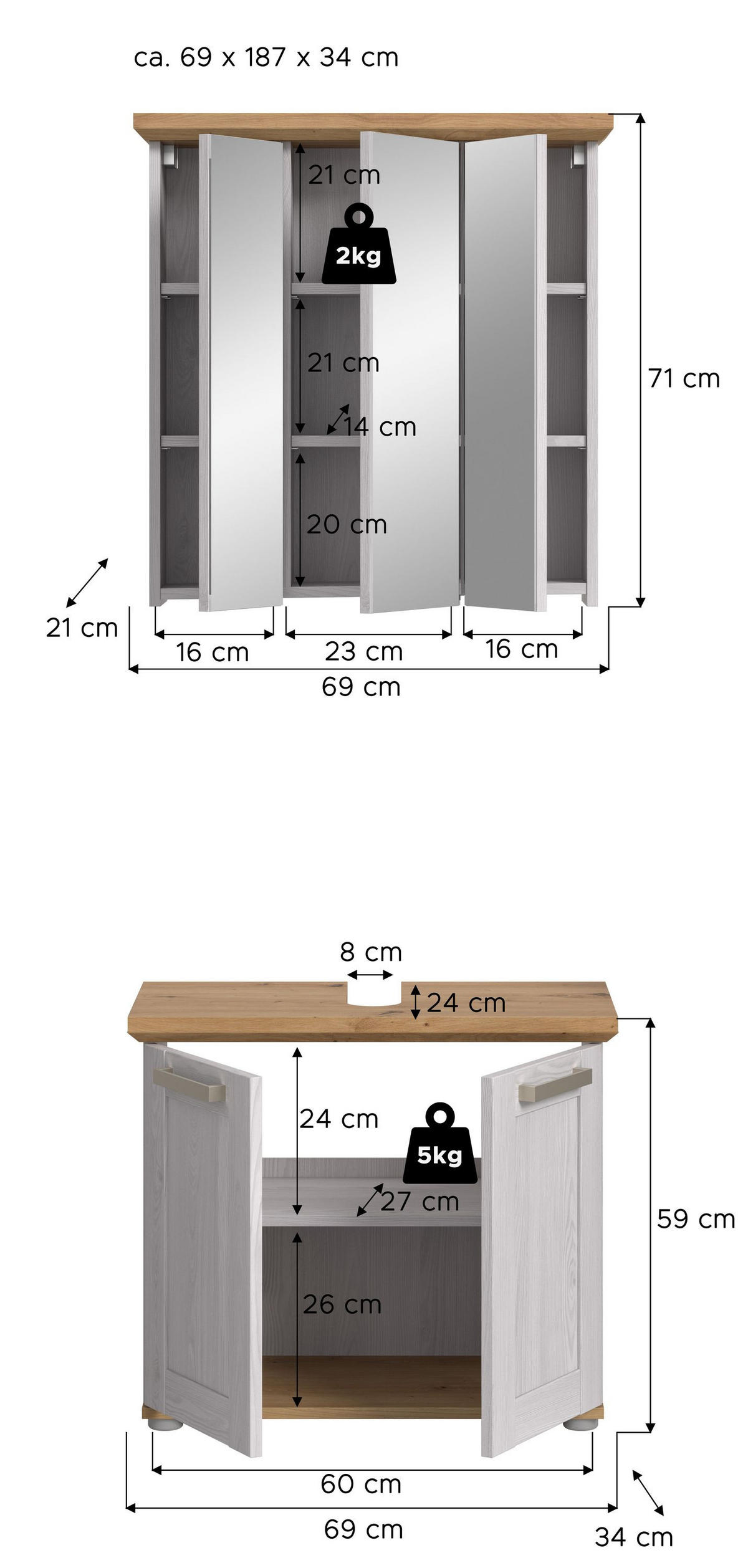 BAD-SET VERONA 2-tlg. (B/H/T: ca. 69/187/34 cm) in Sibiu Lärche Nachbildung/Sibiu Lärche Nachbildung - Lärchefarben, Holzwerkstoff (69/187/34cm)