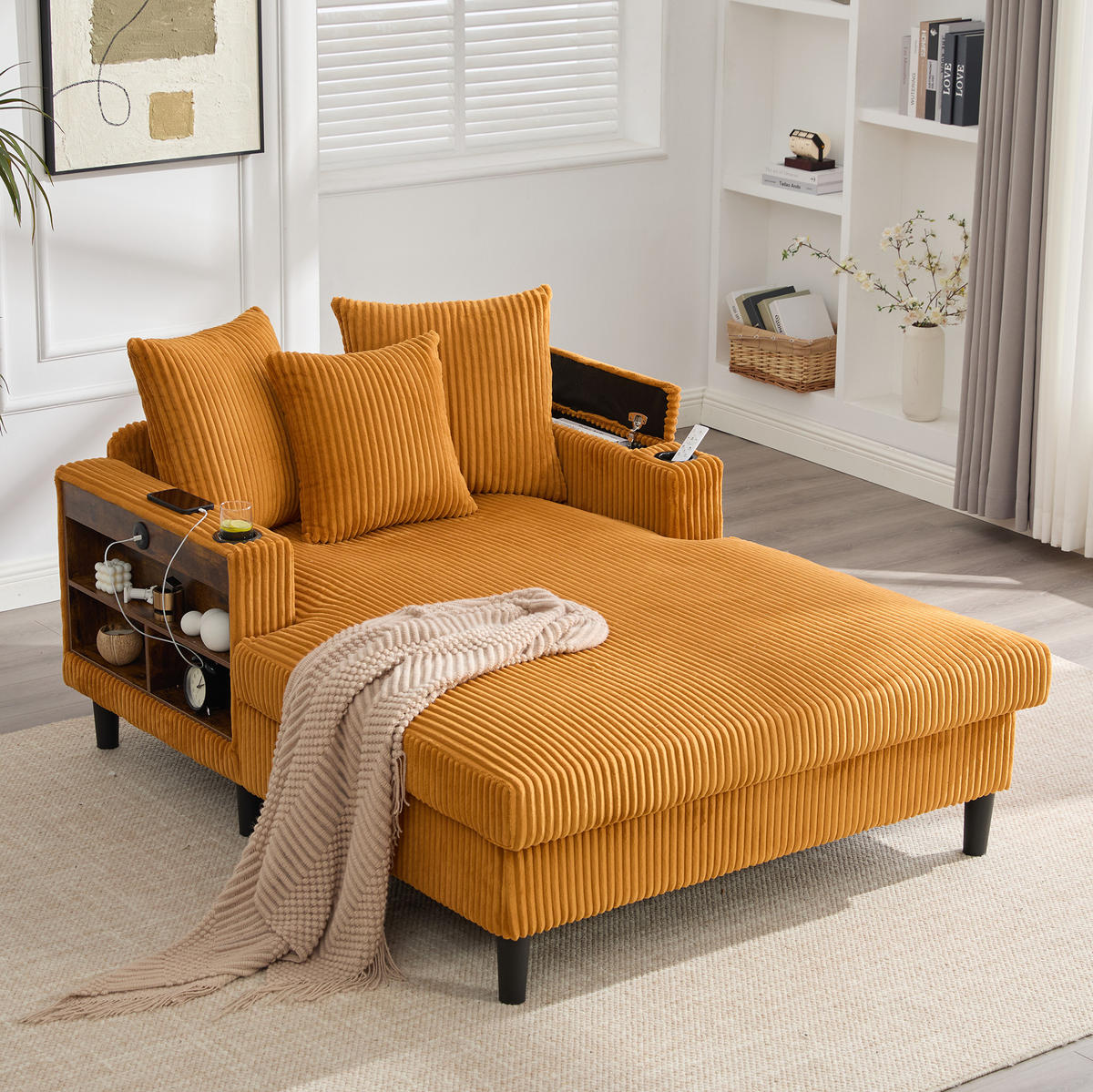 CHAISELONGUE mit USB und Stauraum 129 x 170 cm Cord Mustard Yellow - Gelb, Holz (170/70/129cm) - Meubliv