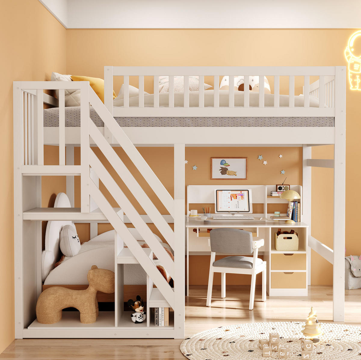 HOCHBETT 140/200 cm Weiß aus Holz mit Aufbewahrungstreppe - Weiß, Holz (140/200cm) - OKMYHOME