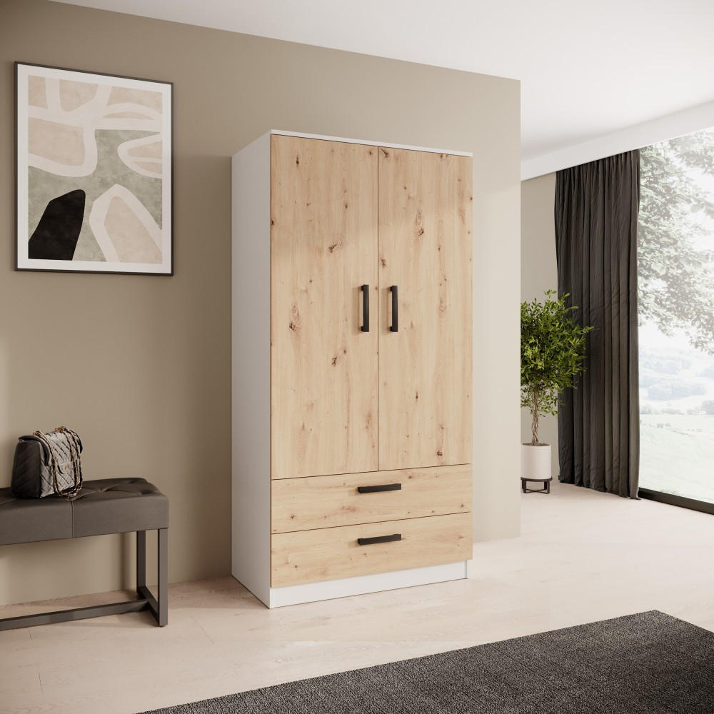 DREHTÜRENSCHRANK Trend, mit Schubladen, Weiß+eiche Artisan - Schwarz/Weiß, Holzwerkstoff (90/180/50cm) - Beautysofa