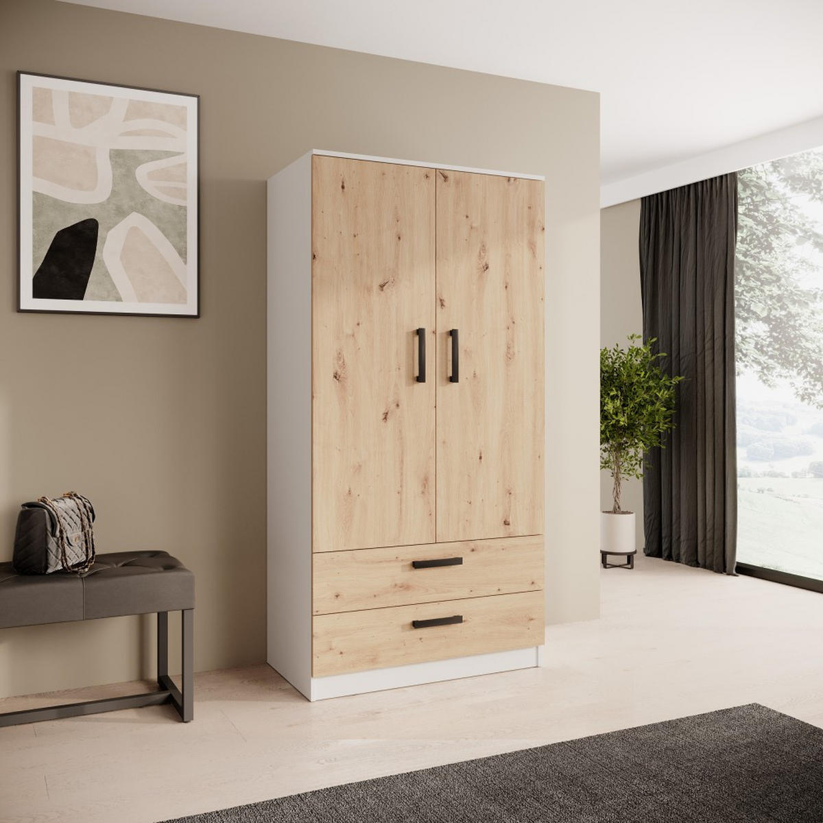 DREHTÜRENSCHRANK Trend, mit Schubladen, Weiß+eiche Artisan - Schwarz/Weiß, Holzwerkstoff (90/180/50cm) - Beautysofa