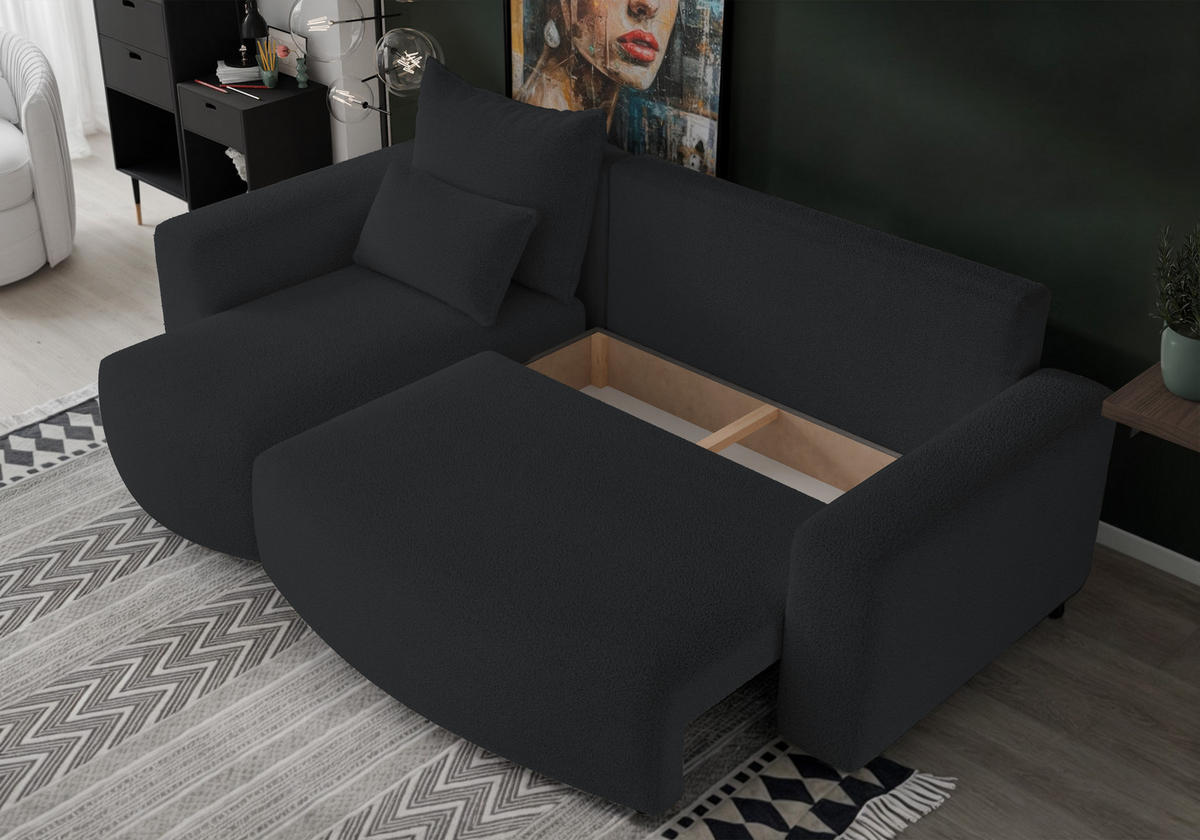 ECKSOFA Travis mit Bettkasten und Schlaffunktion, L-Form, Boucle, Universal - Schwarz, Holzwerkstoff (248/148cm) - 4ALL HOME