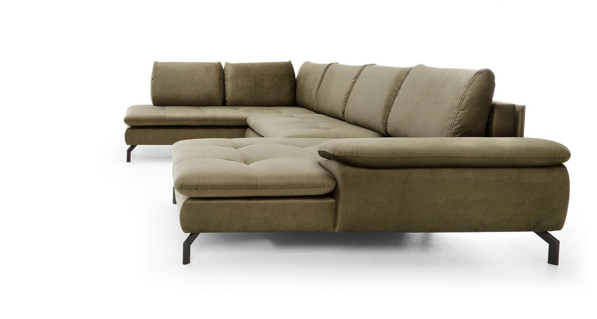 WOHNLANDSCHAFT VOLO Grün Plüsch-Stoff mit Schlaffunktion - Grün, Holz (347/82/205cm) - MASSENO