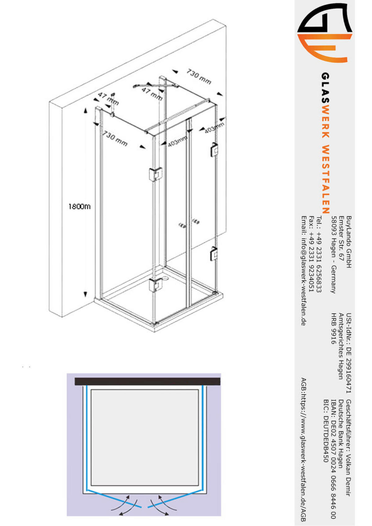 DUSCHKABINE Emma 80x90x80 x180 cm U-Form Schwarz - Schwarz, Glas (80/90/180cm) -  Glaswerk Westfalen