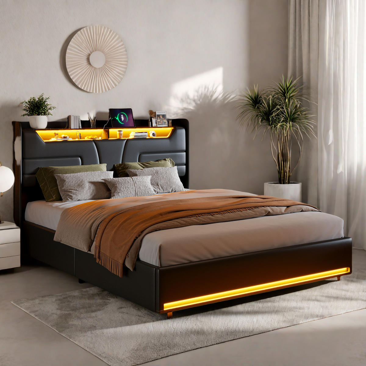POLSTERBETT 160x200 cm Schwarz PU LED USB Typ-C Stauraum - Schwarz, Metall (160/200cm) - SHOPENTRA