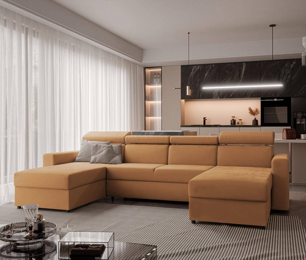 WOHNLANDSCHAFT BENI U II mit verstellbaren Kopfstützen und Schlaffunktion, Farbe: Orange - Orange, Textil (302/60/166cm) - Idohome