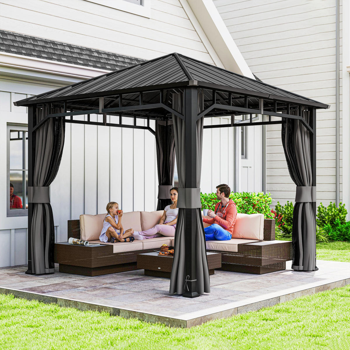 PAVILLON mit Seitenteile Wasserdicht Dunkelgrau 3 x 3 m - Dunkelgrau/Schwarz, Textil/Metall (300/290/300cm) - Outsunny