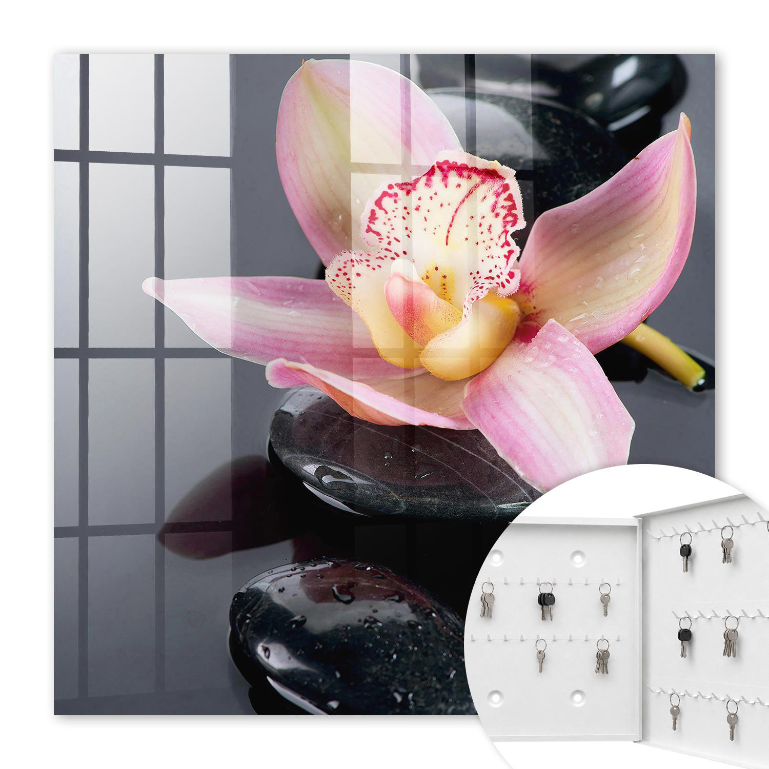 SCHLÜSSELBOX Weiß 30x30 cm – Türöffnung nach rechts - Orchideensteine - Schwarz, Metall (30/30/5cm) - TULUP