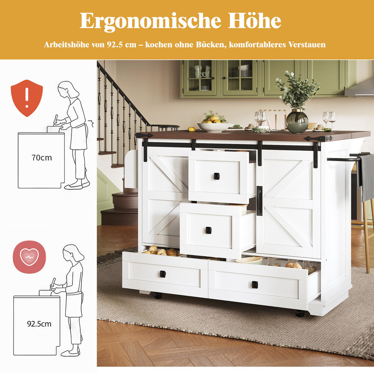 KÜCHENINSEL mit Rollen 142,5/73/92,5 cm Weiß mit 3 Schubladen, 2 Schiebetüren und Höhenverstellbare Böden, MDF - Weiß, Holz/Holzwerkstoff (142.5/92.5/73cm) - Oxeza