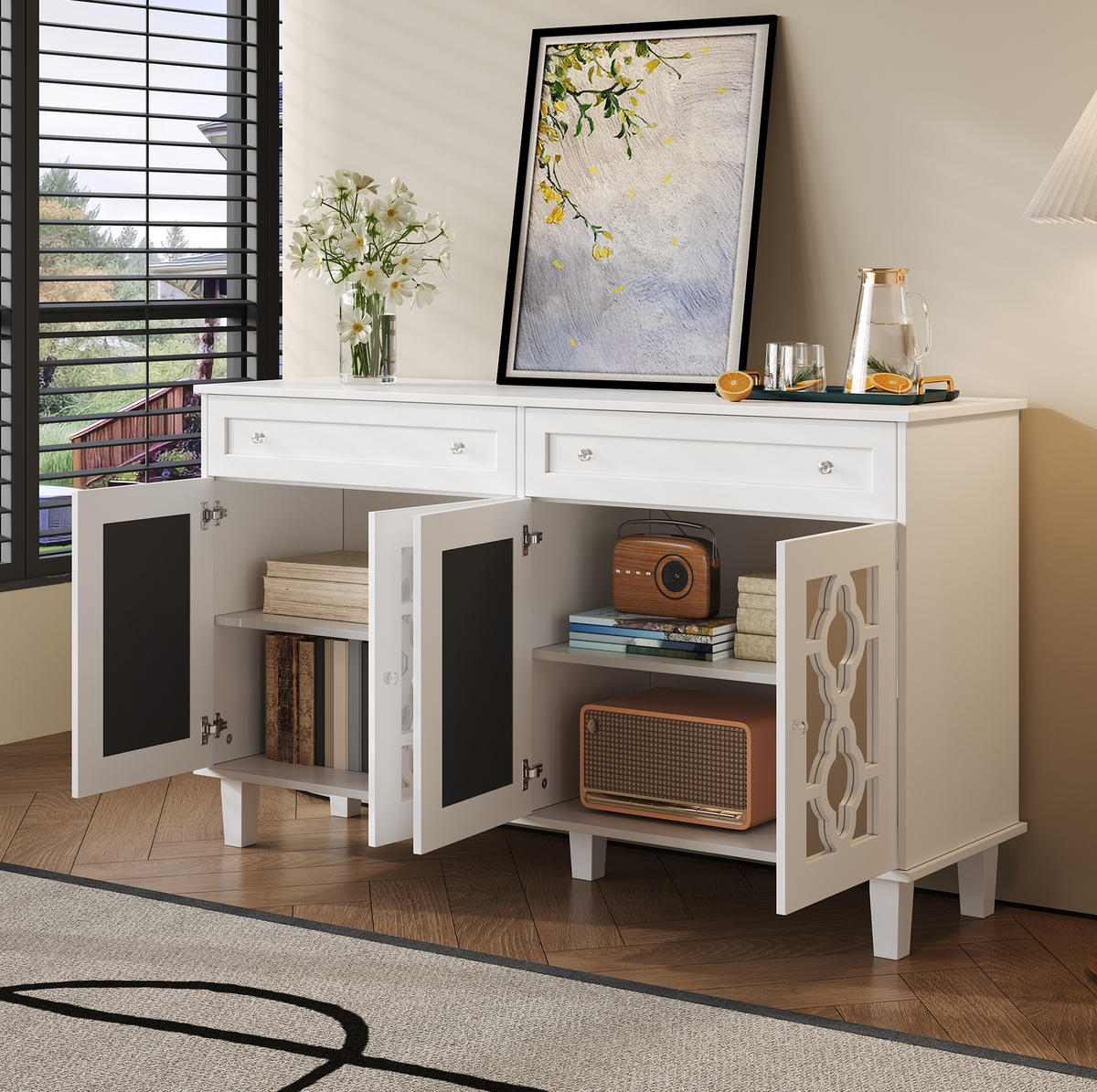 KOMMODE aus MDF 140x40x83cm in Weiß mit Spiegeltüren & Schubladen - Weiß, Holzwerkstoff (140/83/40cm) - Modfu