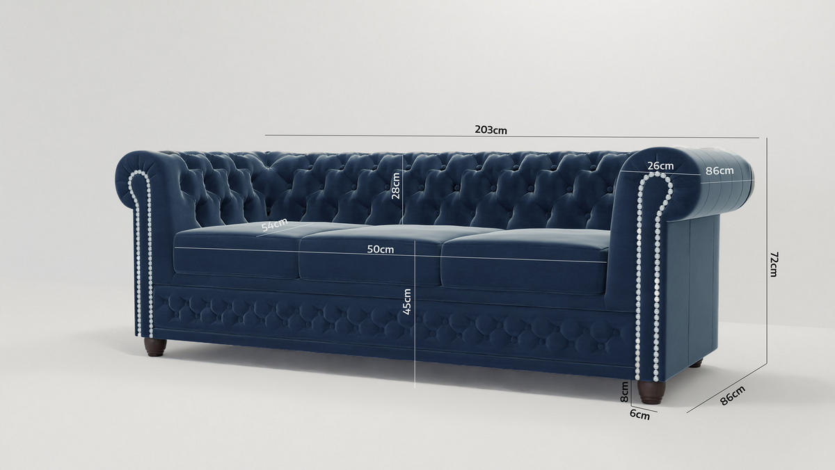SITZGARNITUR 3+2+1 Chesterfield Nyx Marineblau Samt - Dunkelblau/Braun, Holz/Textil (203/72/86cm) - S-Style Möbel