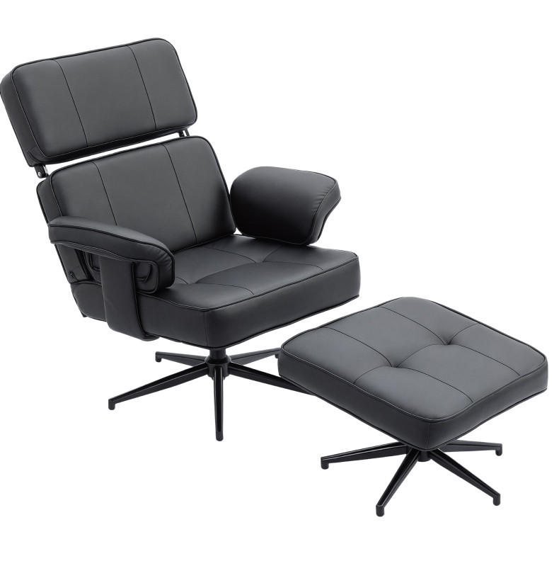 SESSEL 91/79/89 cm in Schwarz mit Fußhocker und verstellbarer Kopfstütze - Schwarz, Kunststoff (91/89/79cm) - BEAOK