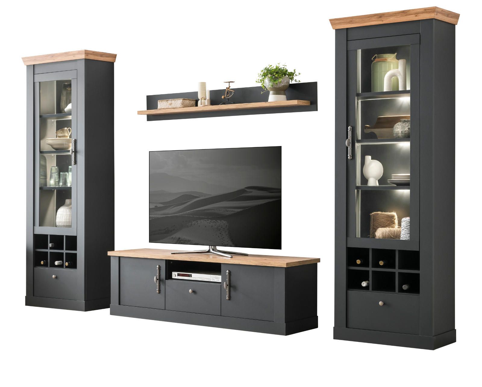 WOHNWAND 4-teilig grau, Eiche Wotan, Landhaus 322 x 201 cm, Wohnkombination mit Soft-Close - Silberfarben/Eiche Wotan, Glas/Holzwerkstoff (322/201/45cm) - Furn.Design