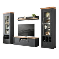 WOHNWAND 4-teilig grau, Eiche Wotan, Landhaus 322 x 201 cm, Wohnkombination mit Soft-Close - Silberfarben/Eiche Wotan, Glas/Holzwerkstoff (322/201/45cm) - Furn.Design