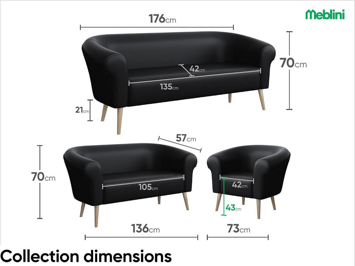 SOFA Emilia (3-Sitzer) - Buchefarben/Schwarz, Holzwerkstoff/Buchenholz (176/70/57cm) - Meblini
