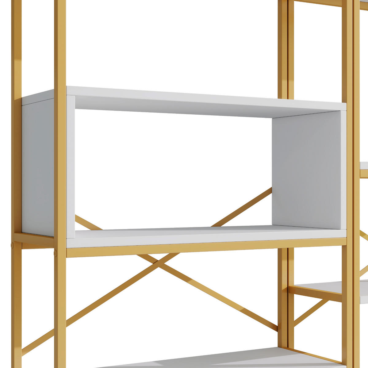BÜCHERREGAL in Gold und Weiß Regal aus Stahlrohren und MDF mit Stauraumfächern für Wohnzimmer, B160/T29.5/H180 cm - Goldfarben, Holzwerkstoff/Metall (160/180/39.5cm) - STILVORA