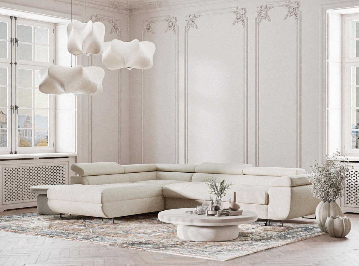 ECKSOFA MIT SCHLAFFUNKTION Concord Creme Webstoff - Creme/Schwarz, Holz/Holzwerkstoff (277/203cm) - Maison de Reve