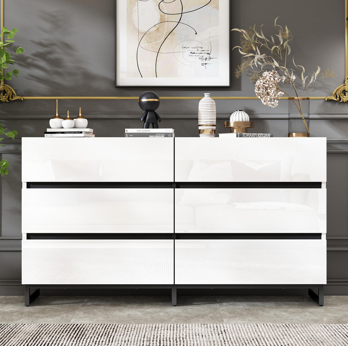 SIDEBOARD 140/39,5/78,5 cm so 6 zásuvkami, vysokým leskom a stabilnými kovovými nožičkami, Biela+Čierna - biela, kompozitné drevo (140/78.5/39.5cm) - Redom