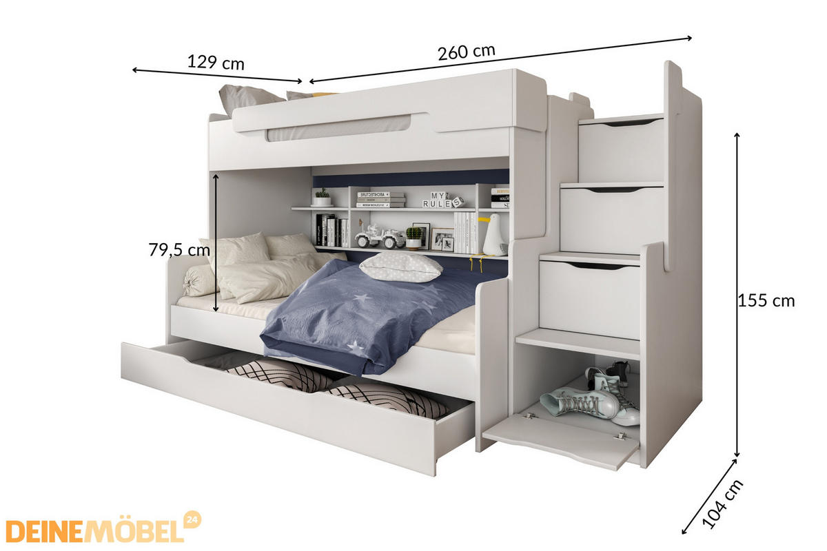 ETAGENBETT HARRY 90/200 + 120/200 in Weiß - Weiß, Holzwerkstoff - Deine Möbel 24