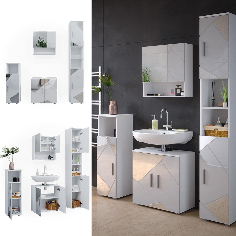 BADMÖBEL-SET Irma Weiß Hochglanz mit Einsätzen 4 Teile mit Hochschrank - Weiß Hochglanz, Holzwerkstoff (80/58.6/41cm) - Vicco