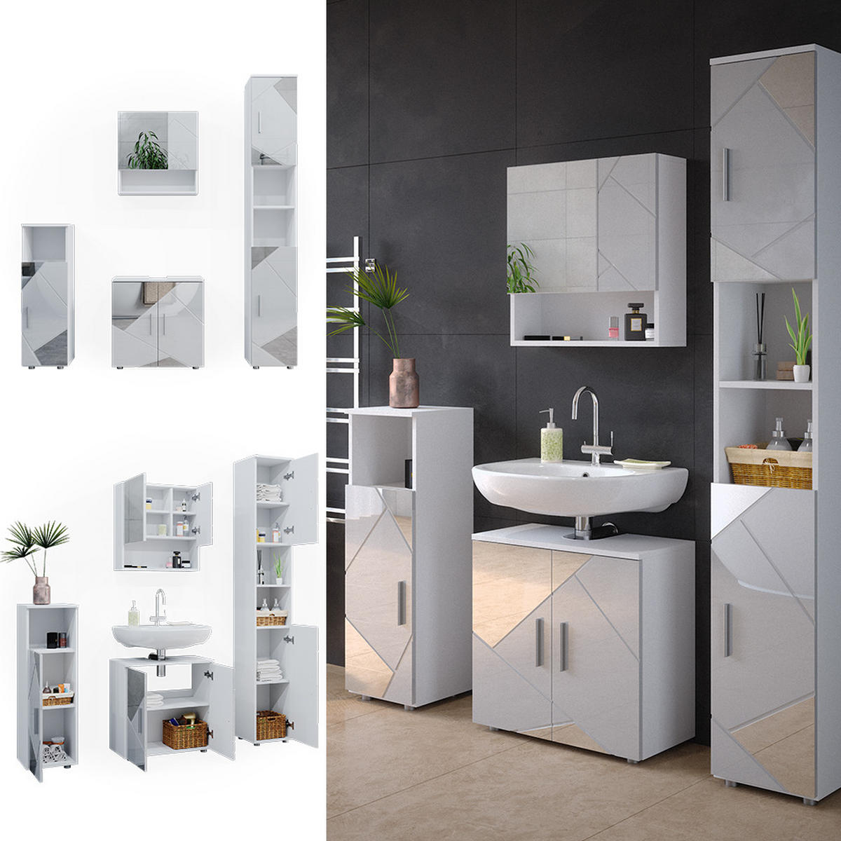 BADMÖBEL-SET Irma Weiß Hochglanz mit Einsätzen 4 Teile mit Hochschrank - Weiß Hochglanz, Holzwerkstoff (80/58.6/41cm) - Vicco