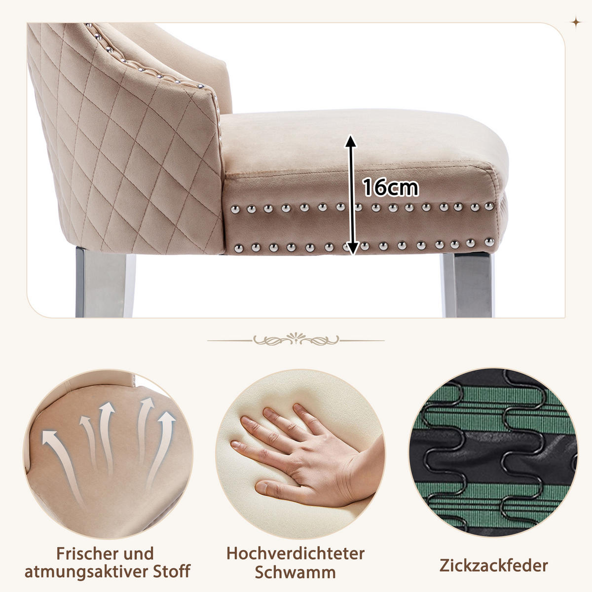 ESSZIMMERSTUHL 2-Tlg Samt Beige, Nagelkopf, Metall Beine - Beige, Textil (53/94.5/62.5cm) - FLIEKS