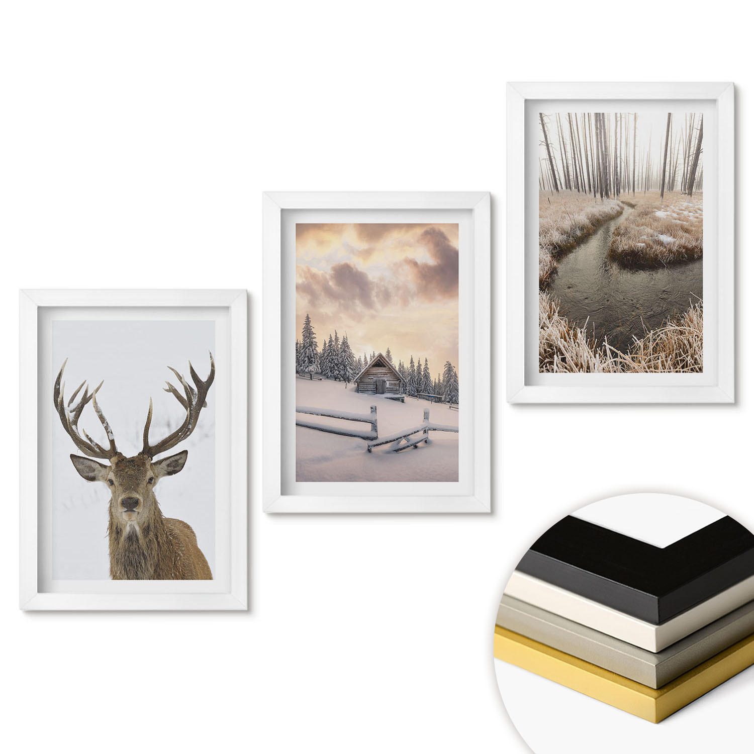 WANDBILDER 3er-Set - 20x30 cm Weißer Rahmen - Hirschhütte in Winterlandschaft - Weiß, Kunststoff (20/30cm) - ArtPrintCave