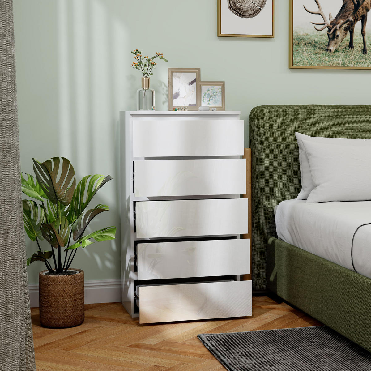 KOMMODE Schubladenschrank Sideboard mit 5 Schubladen, Weiß, 55 x 34 x 100 cm - Weiß, Holzwerkstoff (55/100/34cm) - HOMCOM