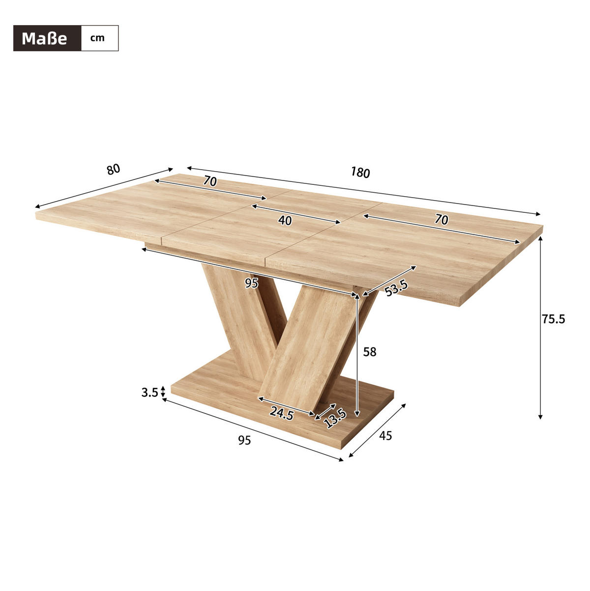ESSTISCH 140/180/80 cm in Eichefarben ausziehbar mit V-förmigen Metallbeinen - Eichefarben, Holzwerkstoff (180/80/75.5cm) - Flora Grace