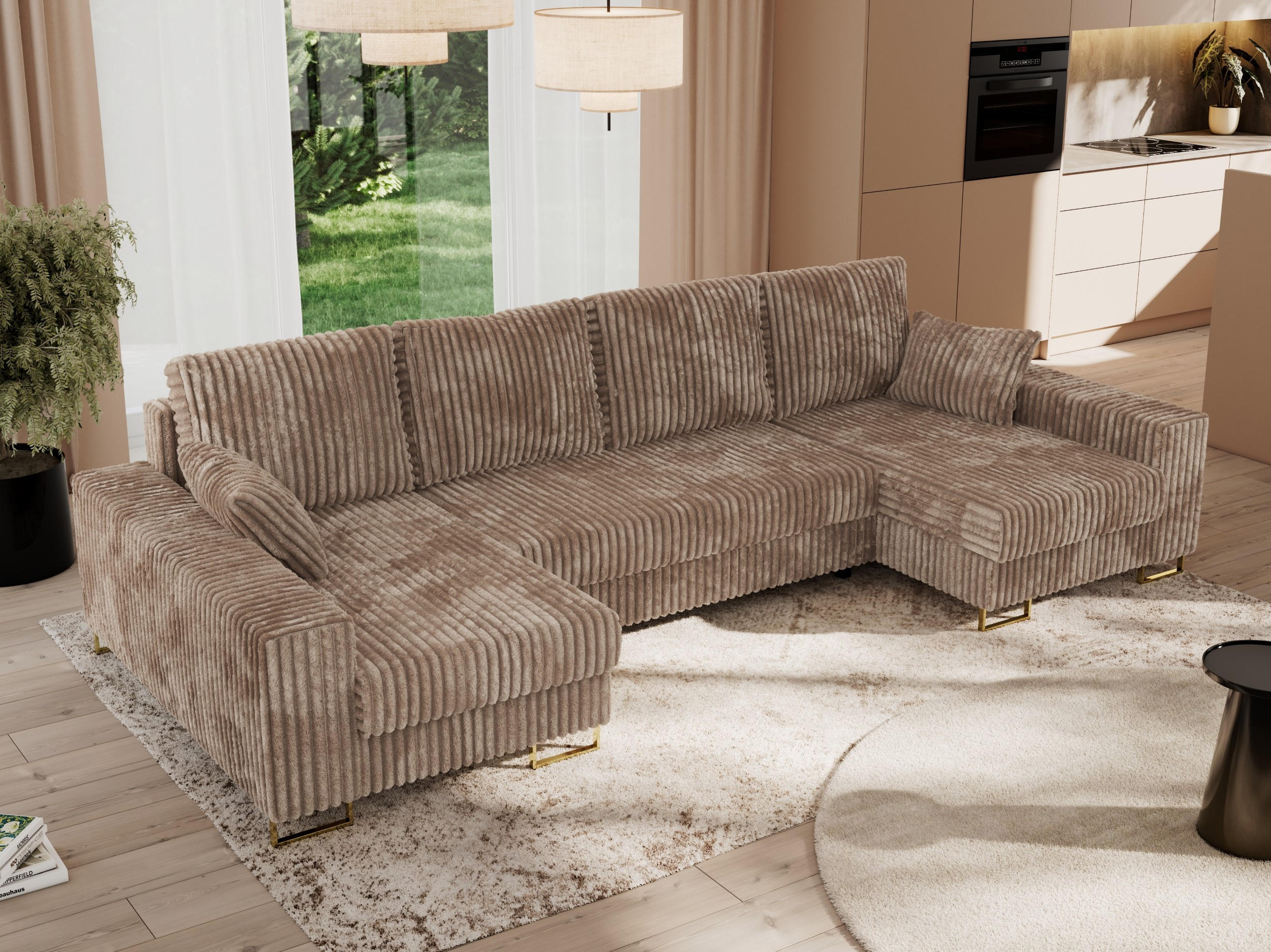WOHNLANDSCHAFT DORIAN U Cord Braun - Goldfarben/Braun, Textil/Metall (312/95/138cm) - MKS