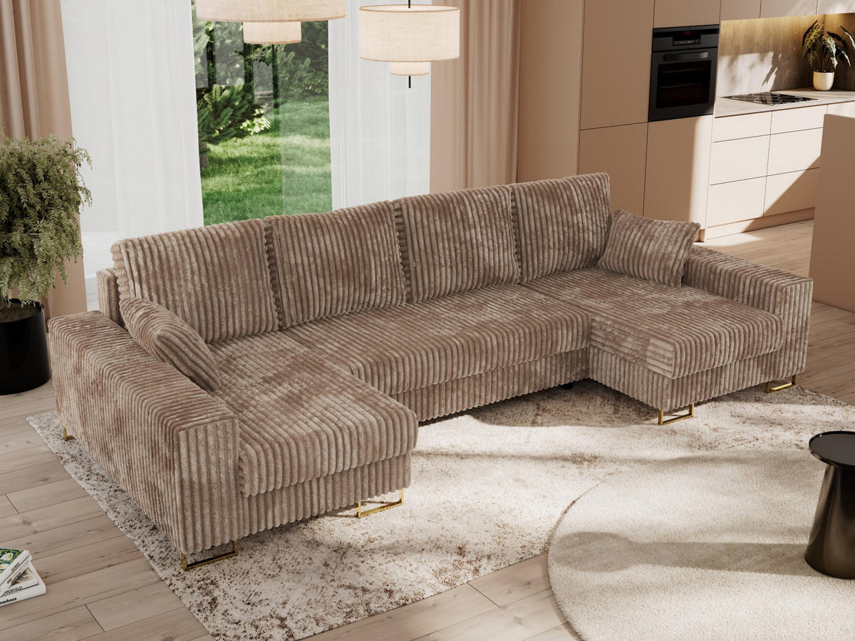 WOHNLANDSCHAFT DORIAN U Cord Braun - Goldfarben/Braun, Textil/Metall (312/95/138cm) - MKS