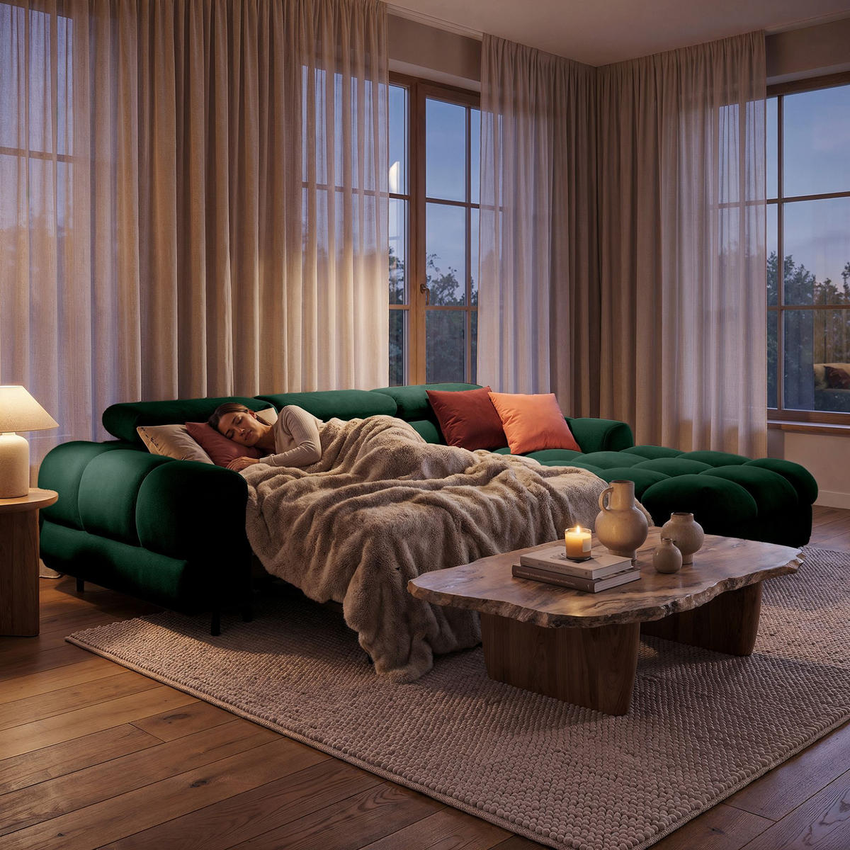 ECKSOFA UFFO L Rechts mit Schlaffunktion 260x195 Velours Dunkelgrün - Dunkelgrün/Schwarz, Holz/Textil (195/260cm) - Muffo