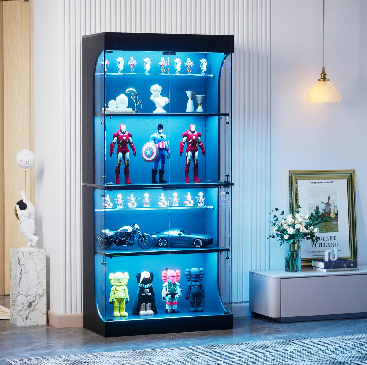 GLASVITRINE aus Glas und Spanplatte 80x35x165 cm Schwarz mit LED-Beleuchtung, Sensor und USB-Anschluss - Schwarz, Glas (80/165/35cm) - IVMEU