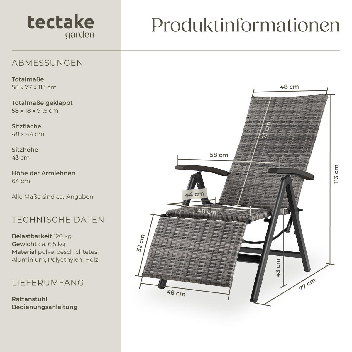 RATTANSTUHL Brisbane ,58 x 77 x 113 cm,grau - Grau, Kunststoff (58/113/77cm) - tectake