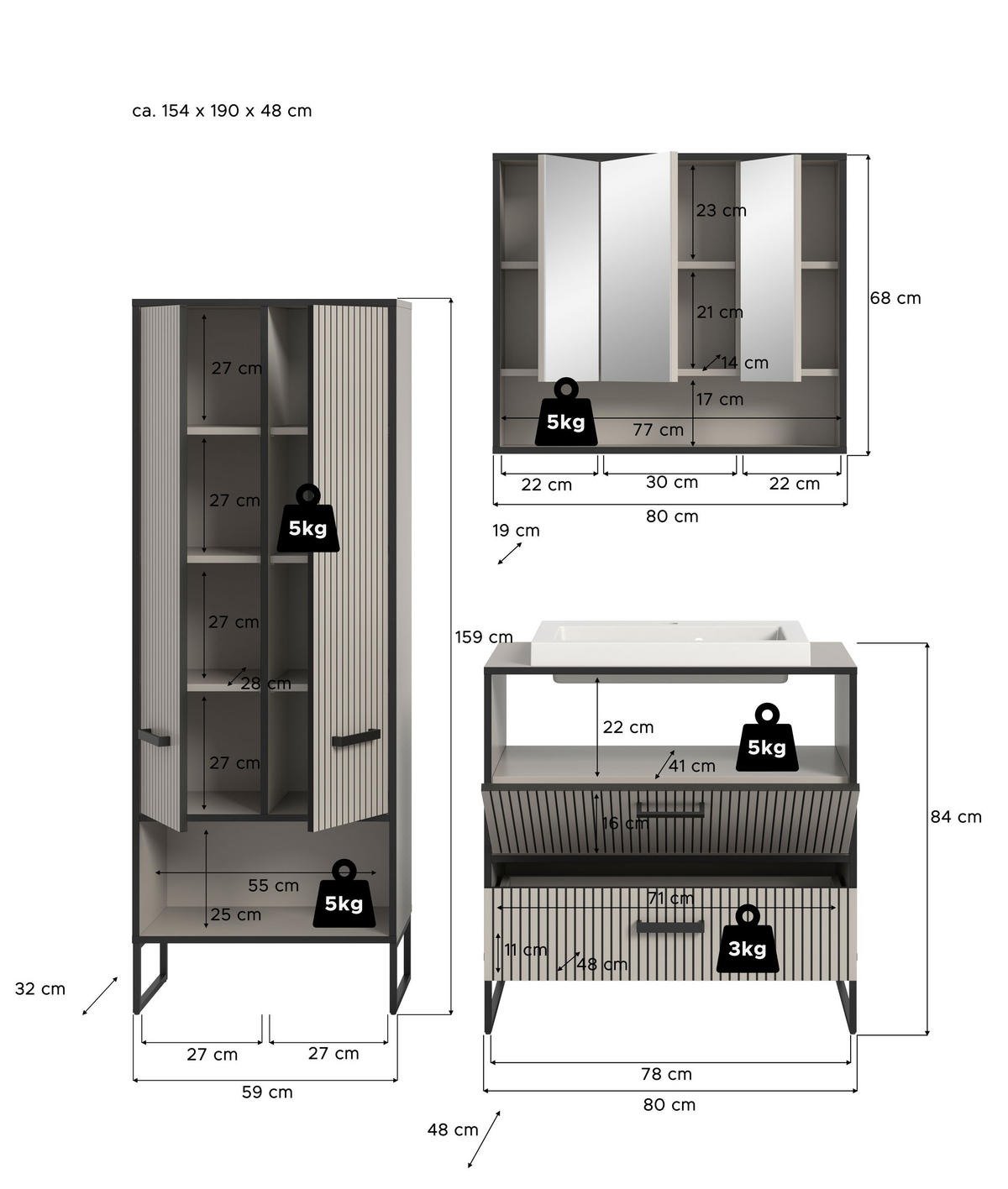 BADKOMBINATION 3tlg. Bagno Bad in Kaschmir Nachbildung und schwarz B/H/T: 154x192x48 cm - Kaschmir, Holzwerkstoff (154/192/48cm)