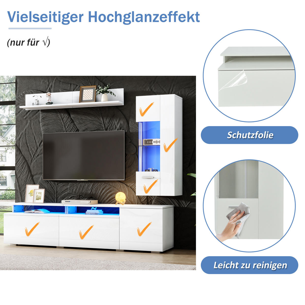 TV-ELEMENT 180/40/45 cm Weiß mit LED Beleuchtung (3 Stück) - Weiß, Holz (180/45/40cm) - Oxeza