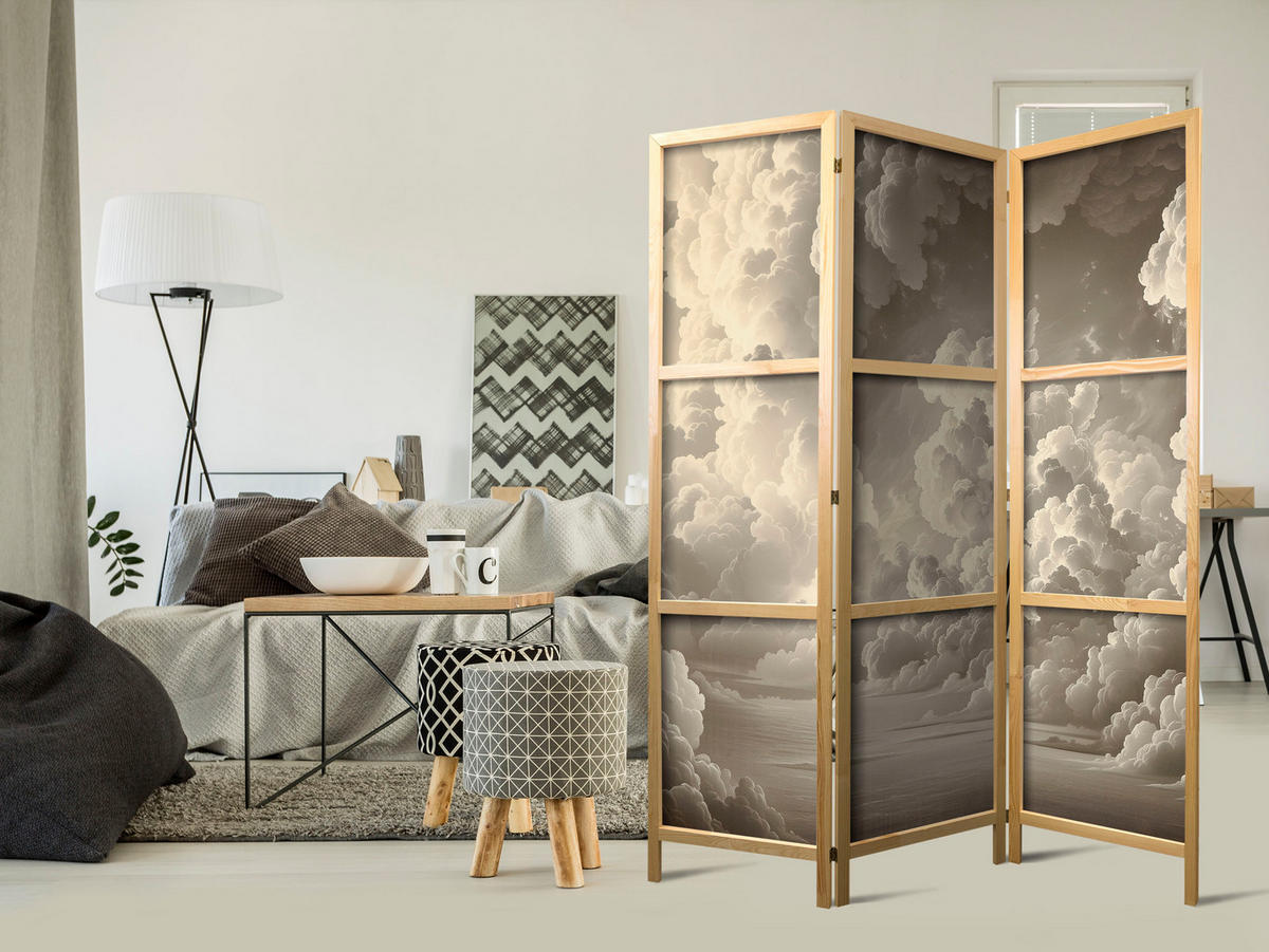 PARAVENT Japanischer 3-tlg 135x172 cm Wolken 3D Effekt - Beige, Holz/Textil (135/172/3cm) - Muralo