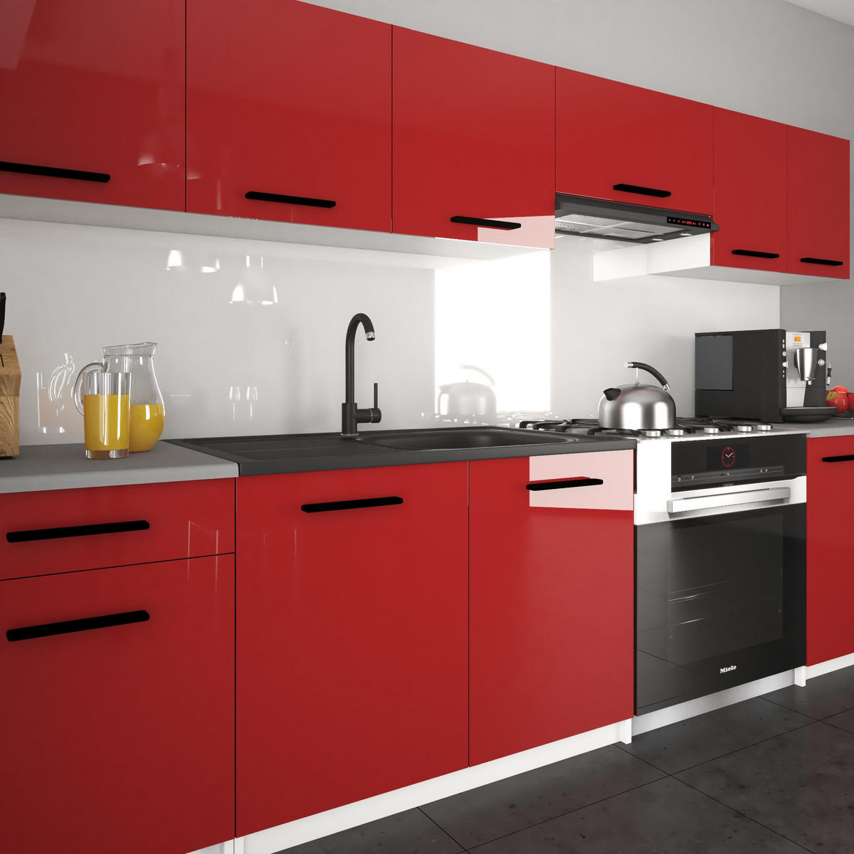 KÜCHENZEILE Italia 2 240 cm, mit Arbeitsplatten, Rot - Rot, Holz (240/143/60cm) - B BELINI GROUP