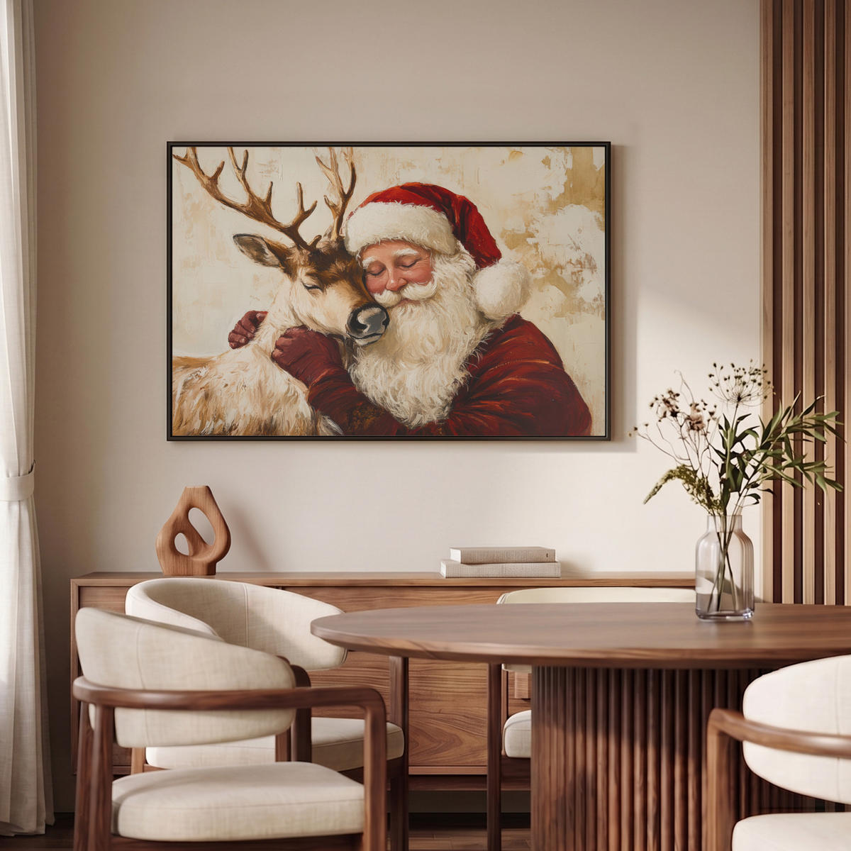 LEINWAND Bilder mit Rahmen - Weihnachtsmann - Rentier - Weihnachten - 90x60 - Rotbraun, Textil (90/60cm) - MuchoWow