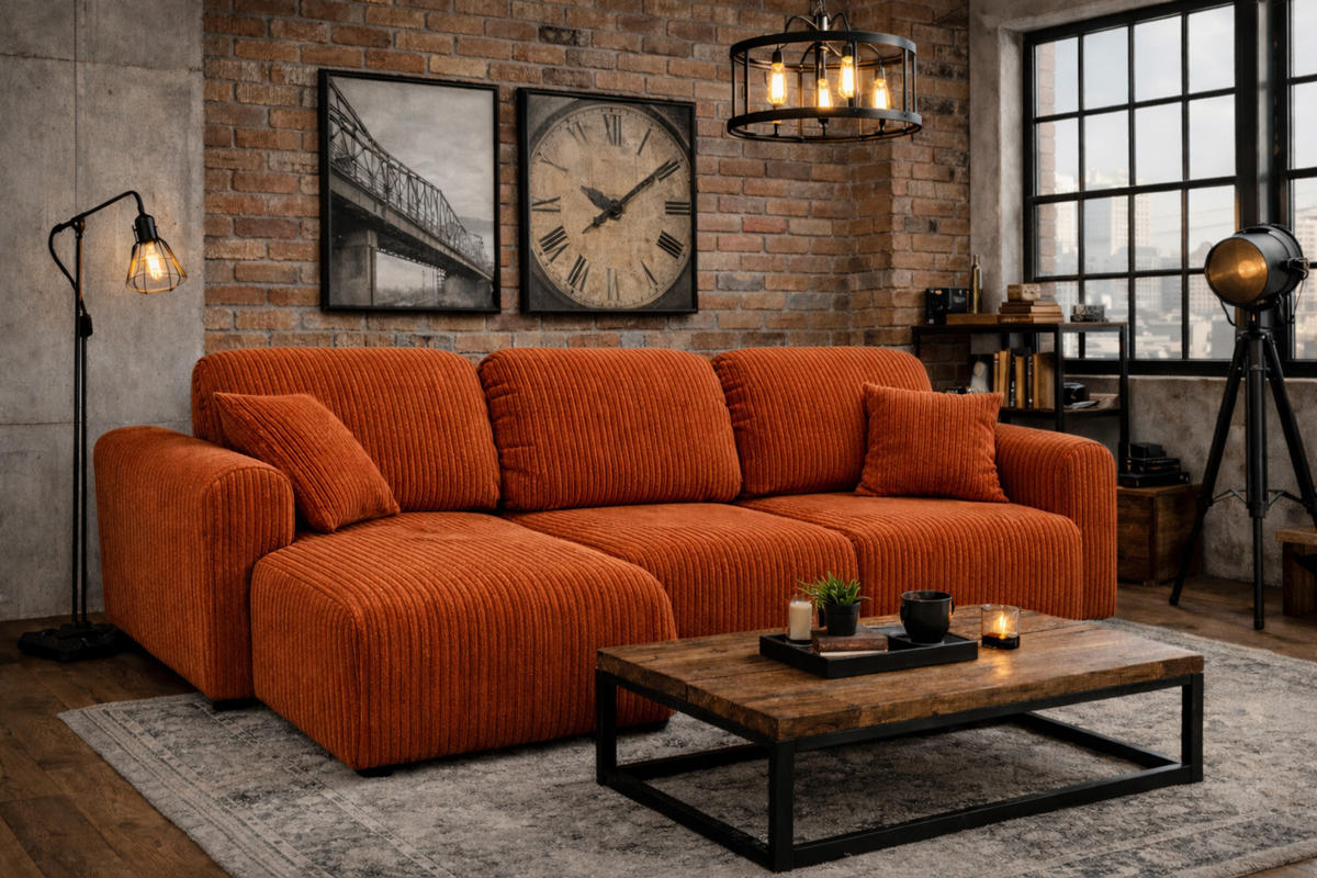 ECKSOFA Mit Schlaffunktion Und Bettkasten, Sofa L-Form Bingo L, Cordstoff Poso, Kupfer, Links - Orange, Holz (250/142cm) - Kaiser Möbel