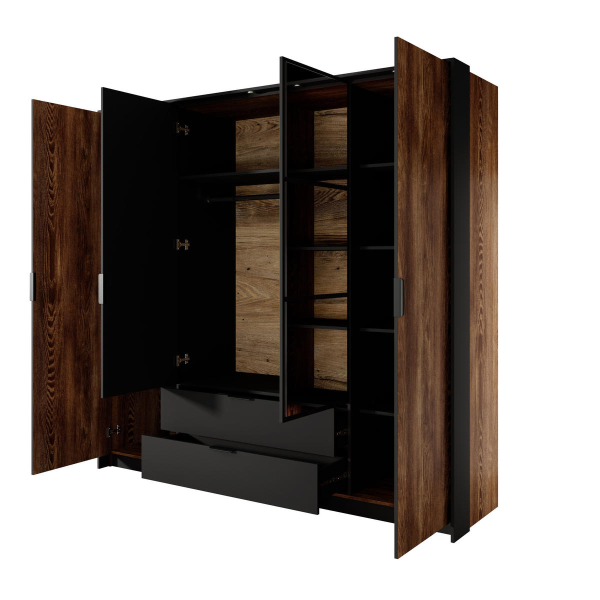 DREHTÜRENSCHRANK MILANO 223,2/210/59 cm 4-türig mit Spiegel Nussbaumfarben - Anthrazit/Nussbaumfarben, Holzwerkstoff (223.2/210/59cm) - MASSENO