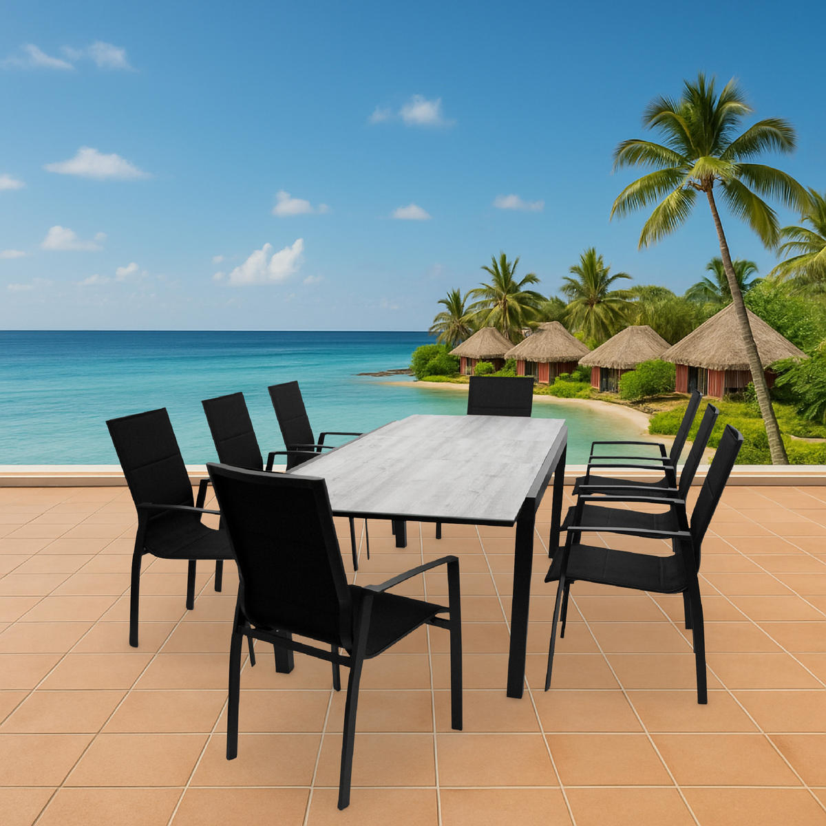 GARTEN-GARNITUR Ashford - 9-teilige Garten-Essgruppe (8x Stapelsessel mit Armlehnen, 1x Ausziehtisch 180/240x100cm), Gestell Aluminium - Schwarz, Metall - TPFGarden