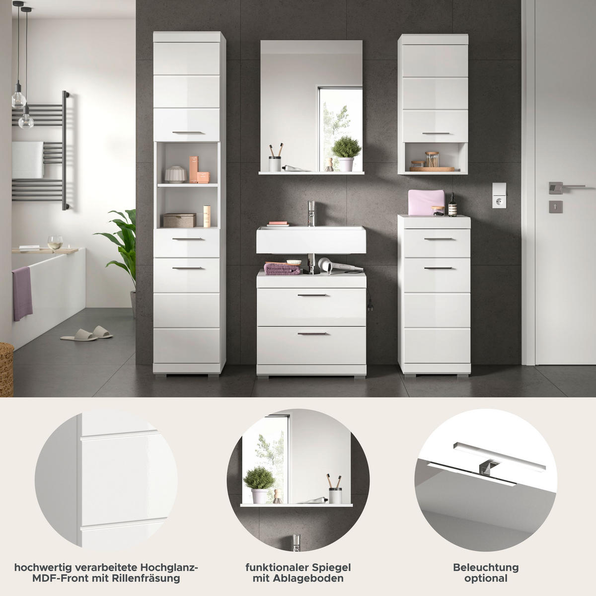 BADKOMBINATION 5tlg. Scout Bad in weiß Nachbildung und weiß hochglanz B/H/T: 164x191x34 cm - Weiß, Holz (164/191/34cm)