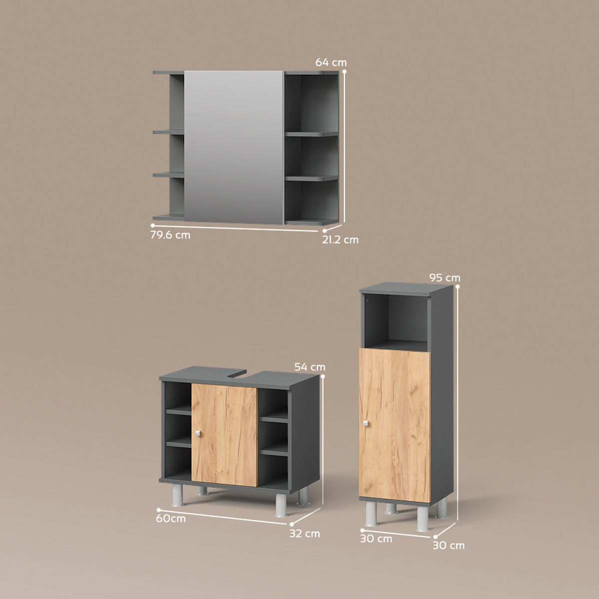 BADMÖBEL-SET Fucino Anthrazit/Goldkraft Eiche 3 Teile mit Midischrank - Anthrazit/Eiche Wotan, Holzwerkstoff (60/54/32cm) - Livinity®